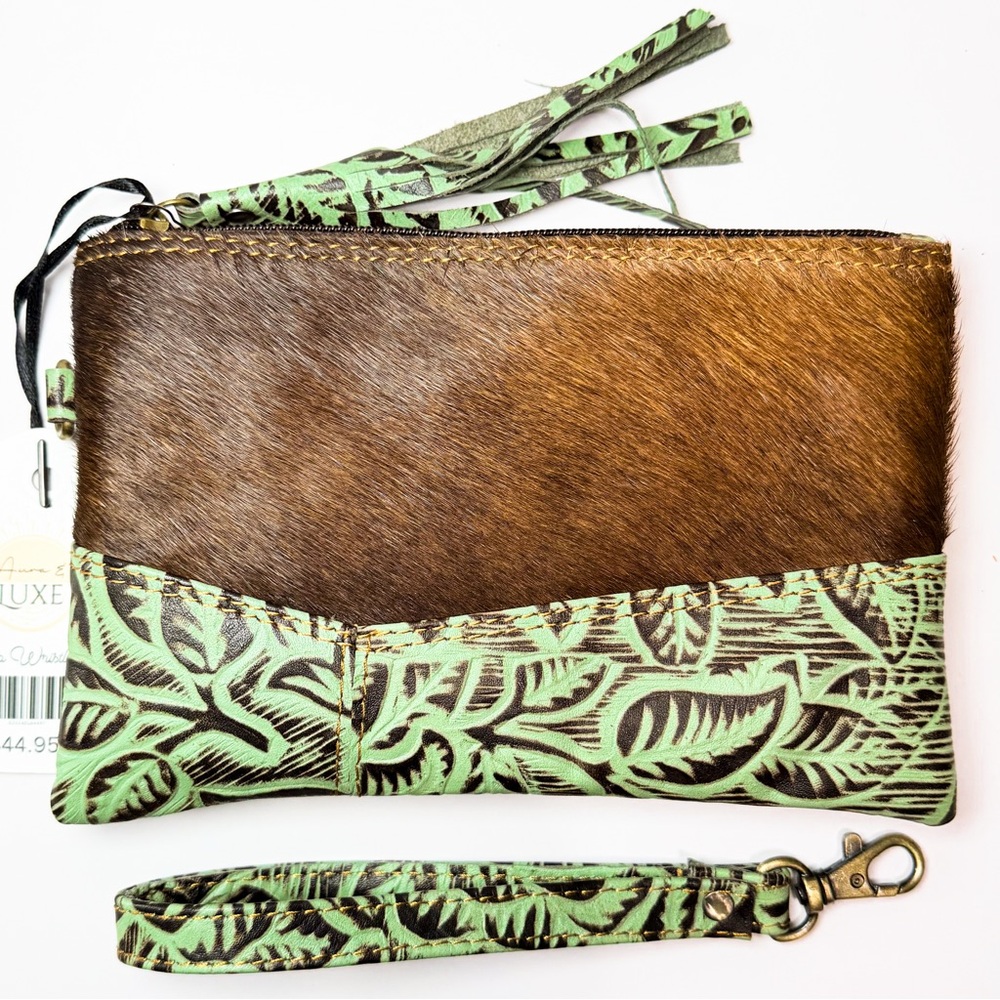 Hair On Hide Cowhide Leather Wristlet Clutch Mint Green Tooled Leather Western